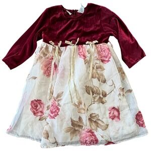 Velvet Floral Tulle Dress Girls 4T Burgundy Cottagecore Vintage Holiday Winter